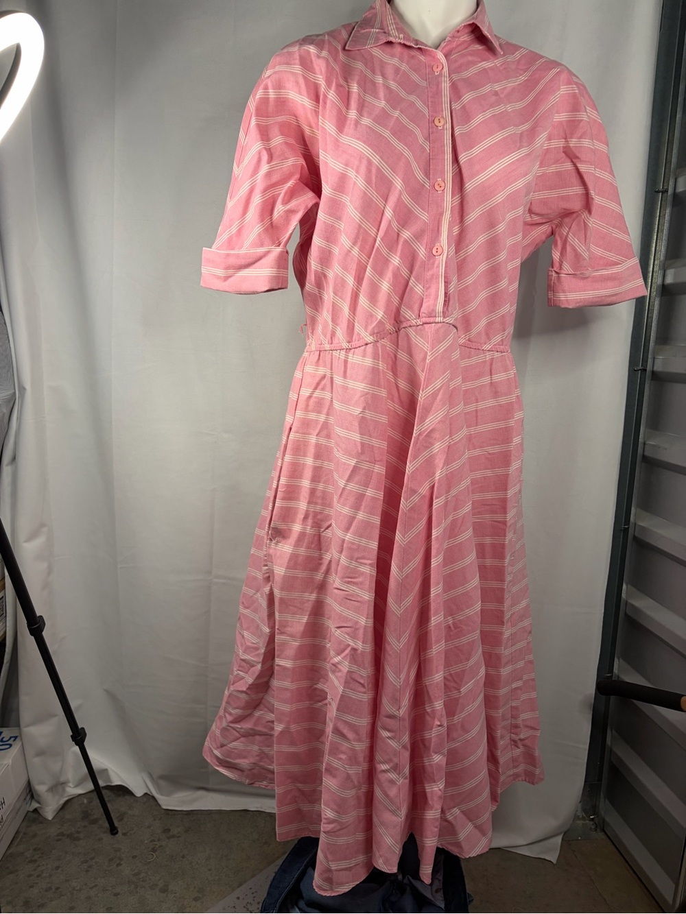 VINTAGE Striped Pink Midi Shirt Dress with Button Front